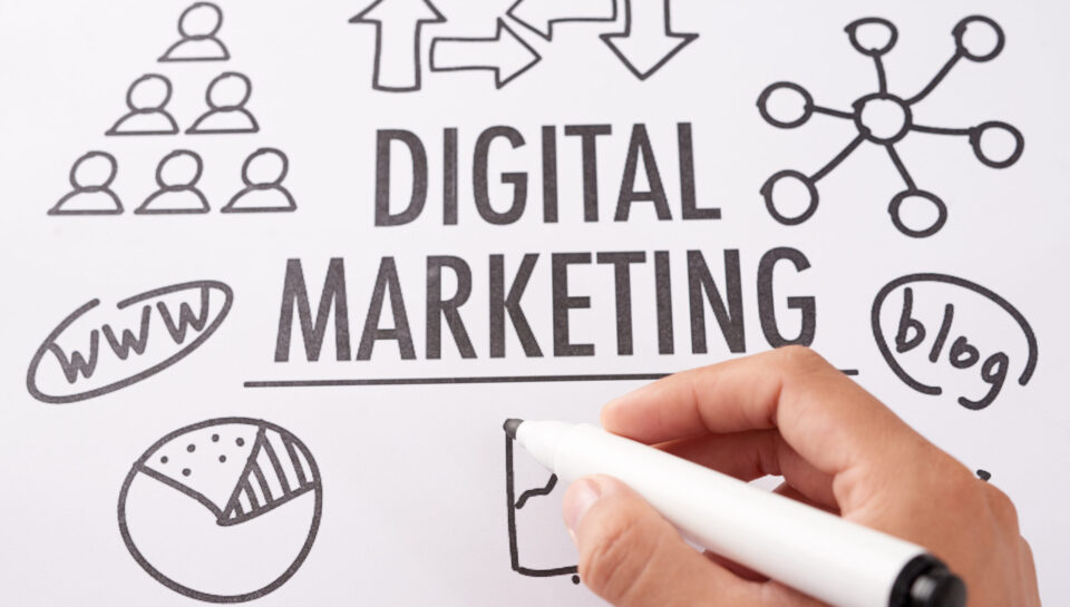 Crop hand drawing digital marketing plan From above shot of crop hand using marker pen to draw icons near digital marketing writing on paper sheet